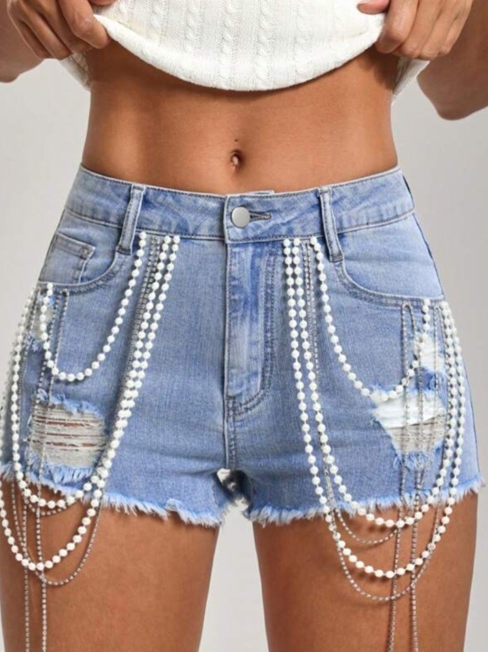 SHEIN Light Blue Distressed Denim Shorts with Pearl Chain Trim
